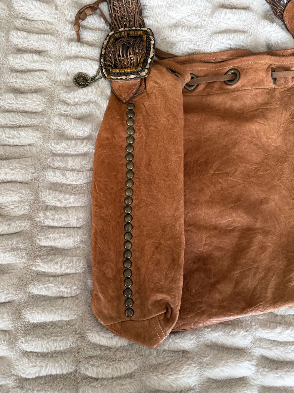 Leather Rock Cognac Drawstring Hobo Bag with Woven Strap